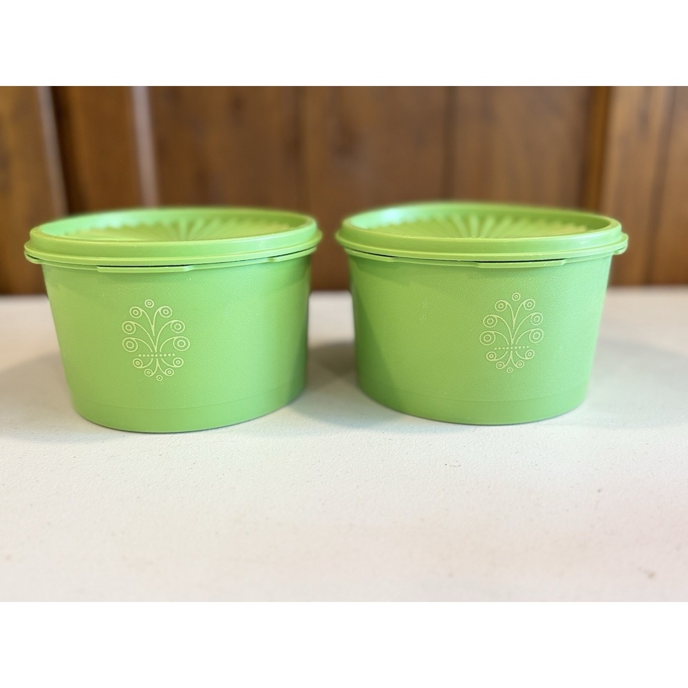 VTG Tupperware Servalier Canister Set Green Apple Nesting 70s (4) Sunburst Lids - Picture 12 of 16
